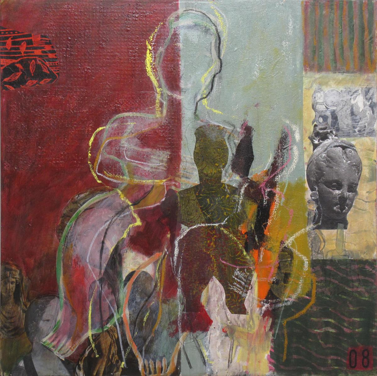 Göttinnen I, 2008, Acryl und Collage auf Leinwand, 100 x 100 cm